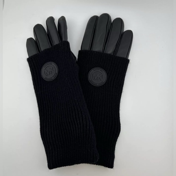 NWOT Michael Kors Leather Logo Gloves Large Mitten Black Fabric Retail $128 - Picture 5 of 6